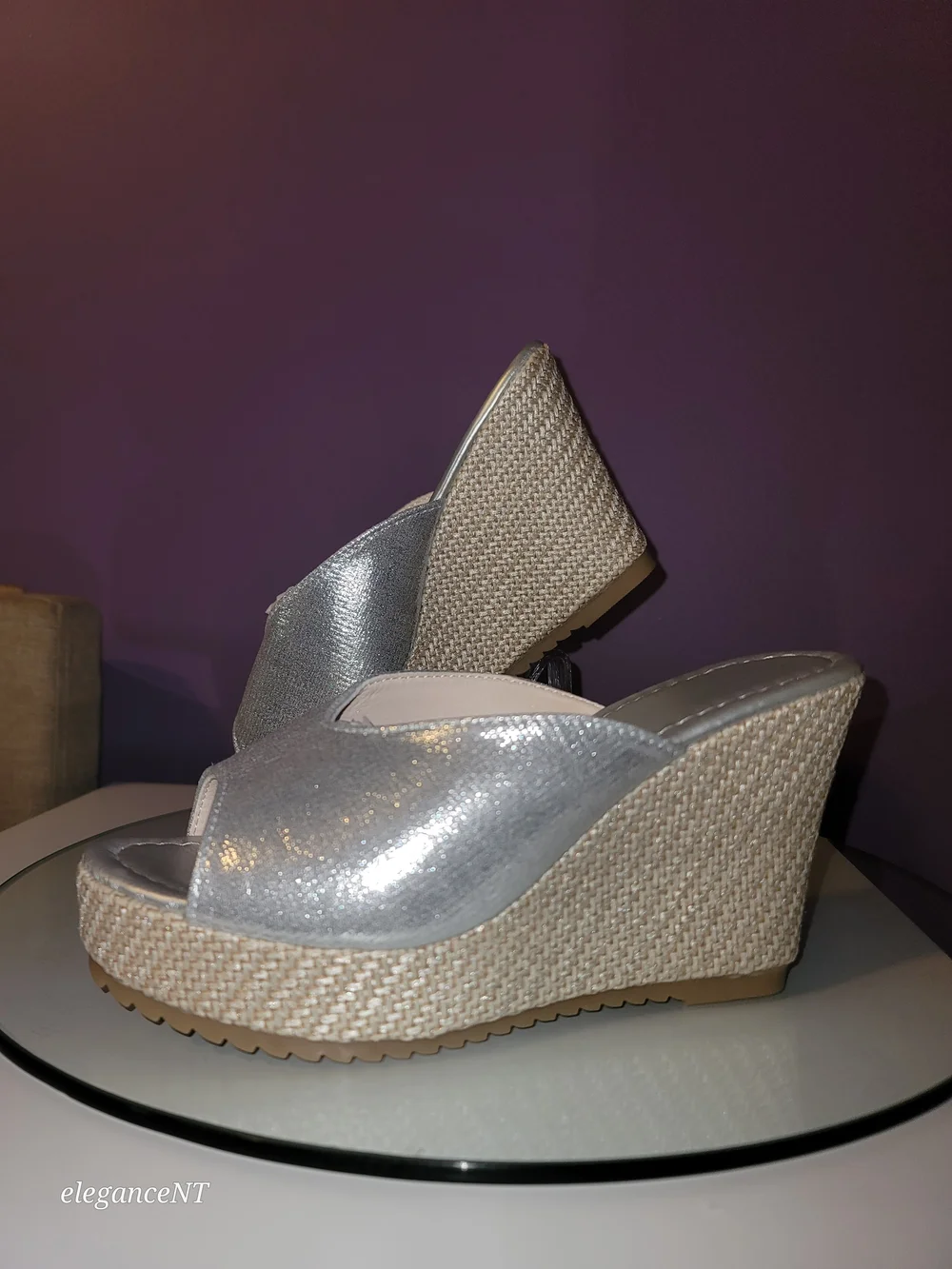 Silver Wedge Slide Sandals Metallic Espadrille Wedges Sz: 8.5 (39) NWOT